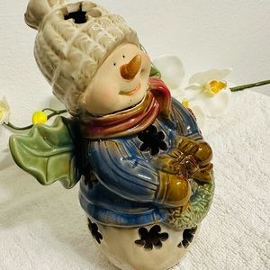 Vintage Hand Painted Stoneware Ceramic Christmas Holiday Tealight Candle Lamp